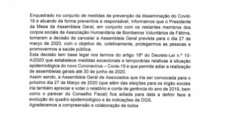 Adiamento da Assembleia geral de 27 de maro de 2020